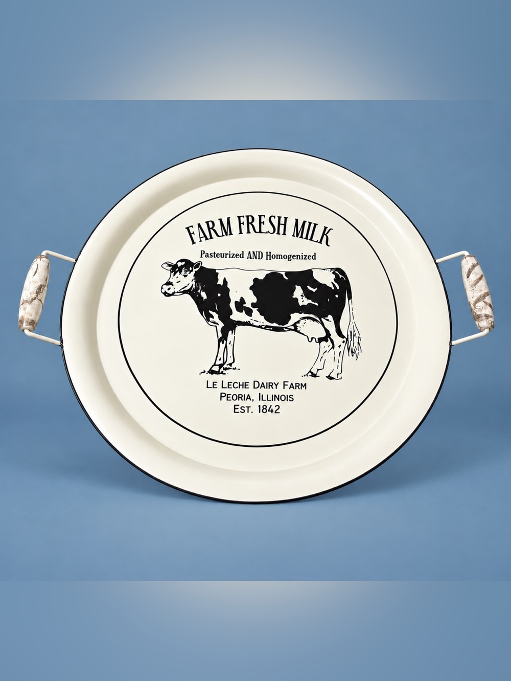 Round Metal Serving Tray Farmhouse Cow Farm Fresh Milk Kitchen Decor